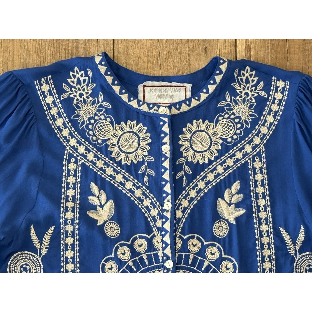JOHNNY WAS Workshop Sm Blue Embroidered Top 100% Modal Button Up Scallop Sleeve - Picture 3 of 16